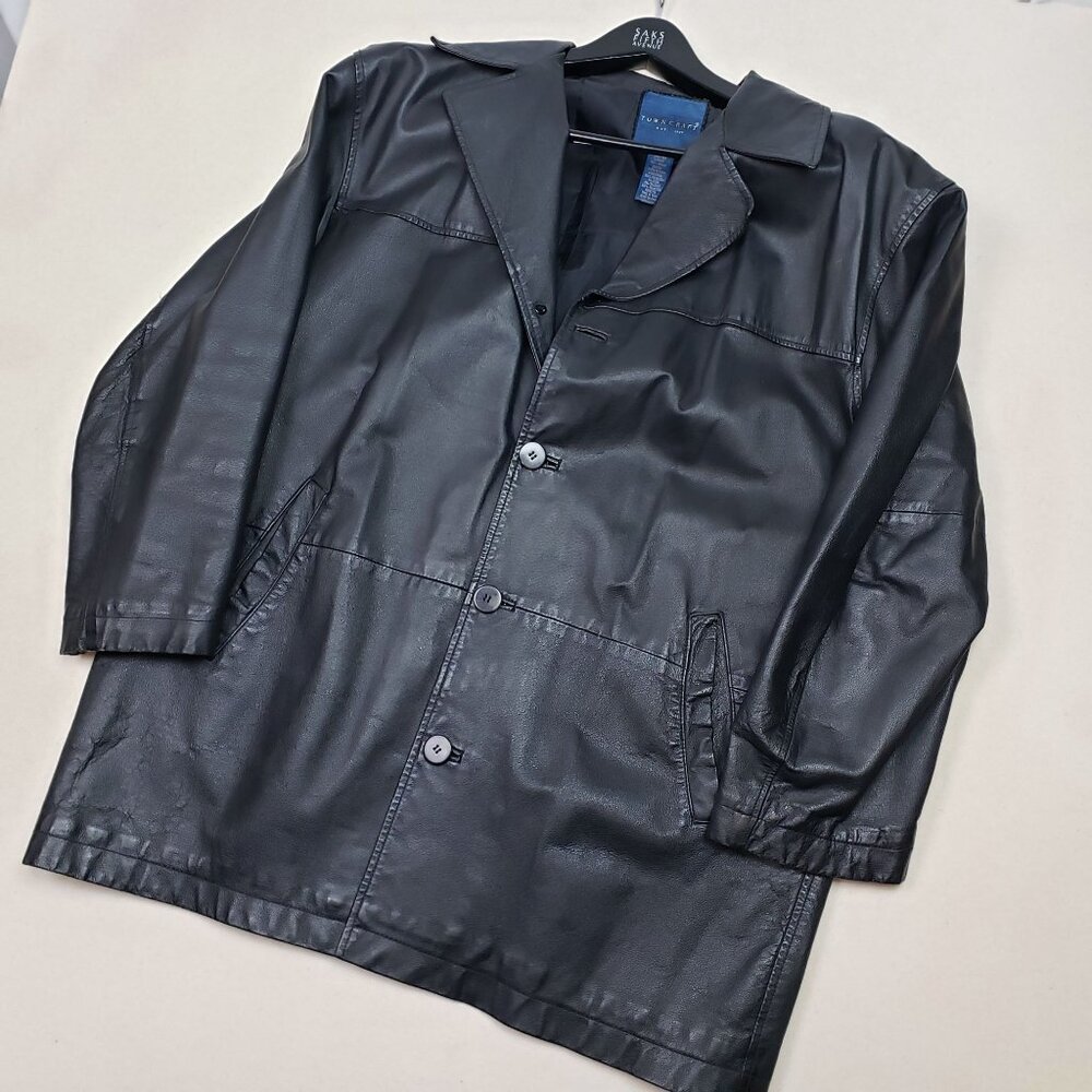 Towncraft Men's Black Genuine Leather Overcoat Sz L VINTAGE GREAT CONDITION!!!